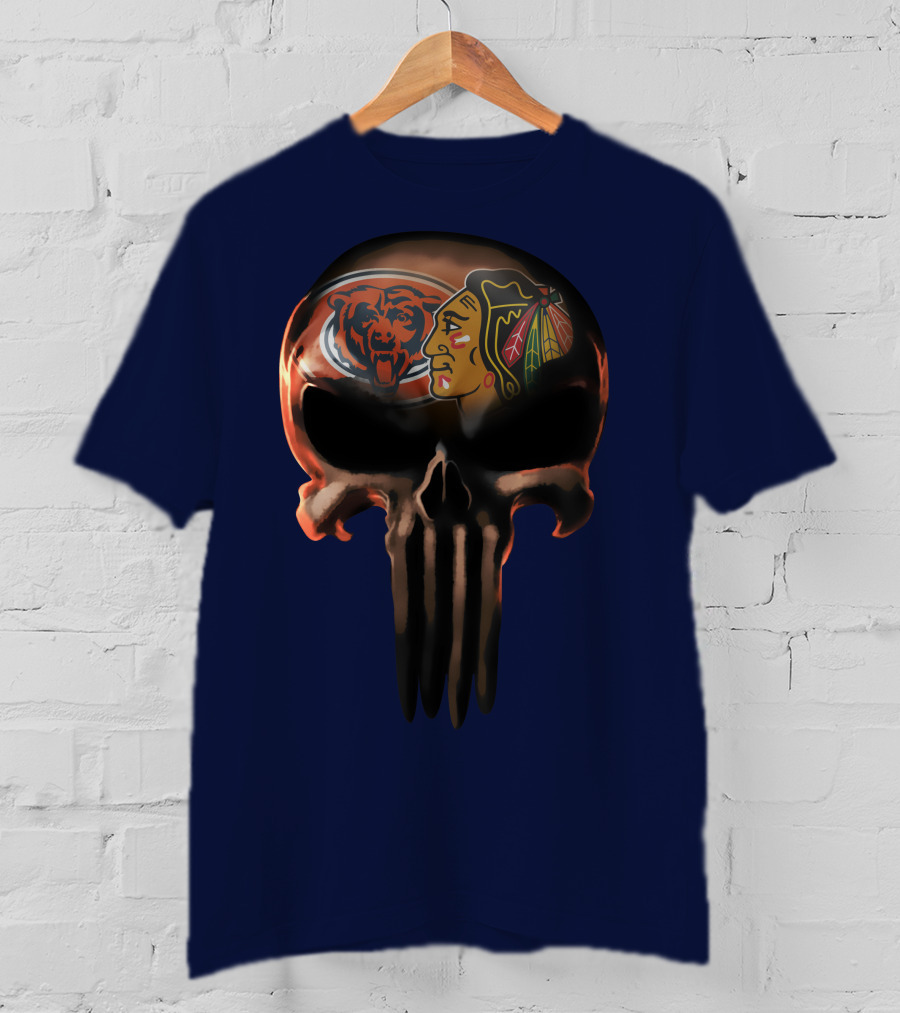 Chicago Bears 56 Skull Design With Nhl Blackhawks T-Shirt