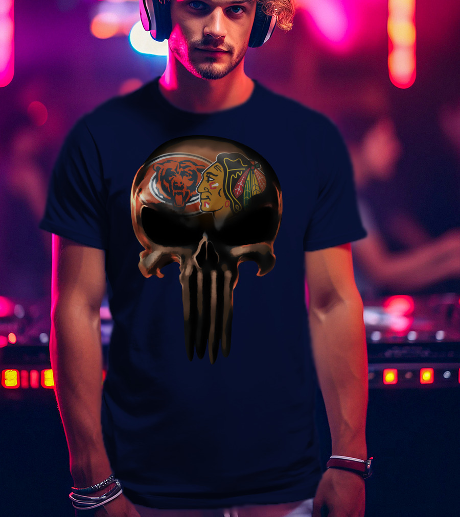 Chicago Bears 56 Skull Design With Nhl Blackhawks T-Shirt