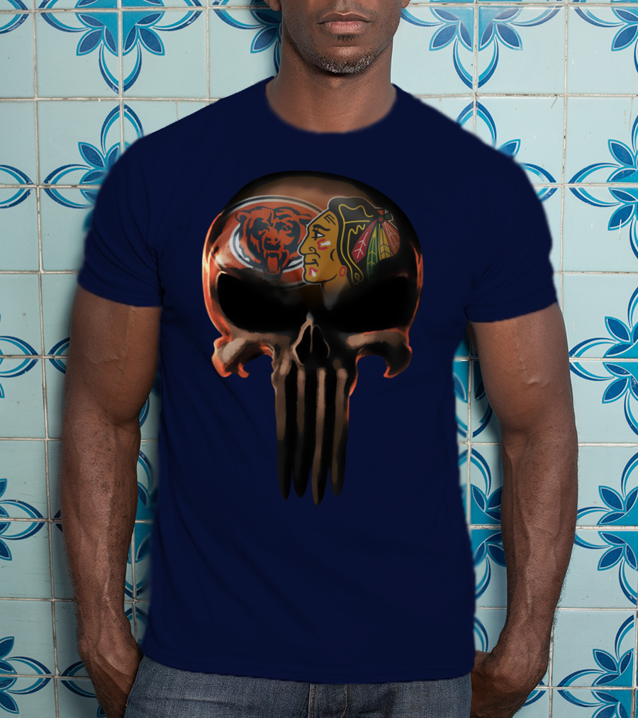Chicago Bears 56 Skull Design With Nhl Blackhawks T-Shirt
