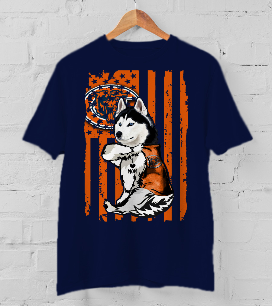 Siberian Husky Chicago Bears I Love Mom Flag T-Shirt