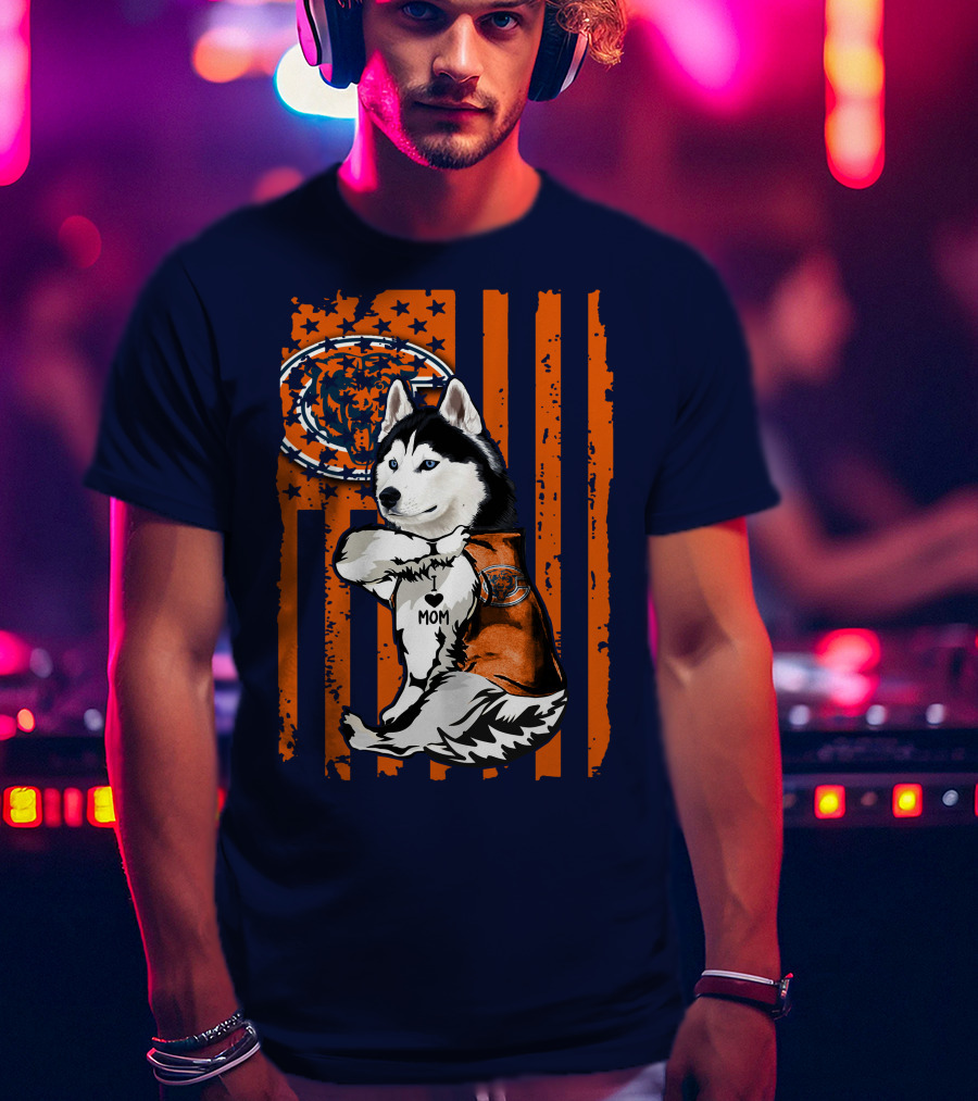 Siberian Husky Chicago Bears I Love Mom Flag T-Shirt