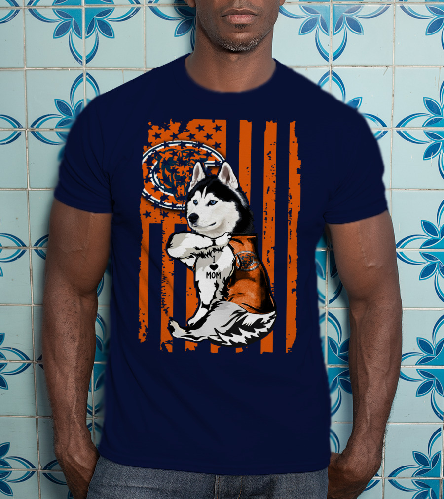 Siberian Husky Chicago Bears I Love Mom Flag T-Shirt