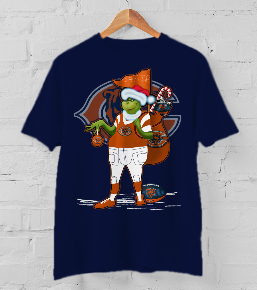 Grinchxmas Chicago Bears Holiday Football Fest With Bear In Santa Hat Holding Candy Cane And Ornament T-Shirt