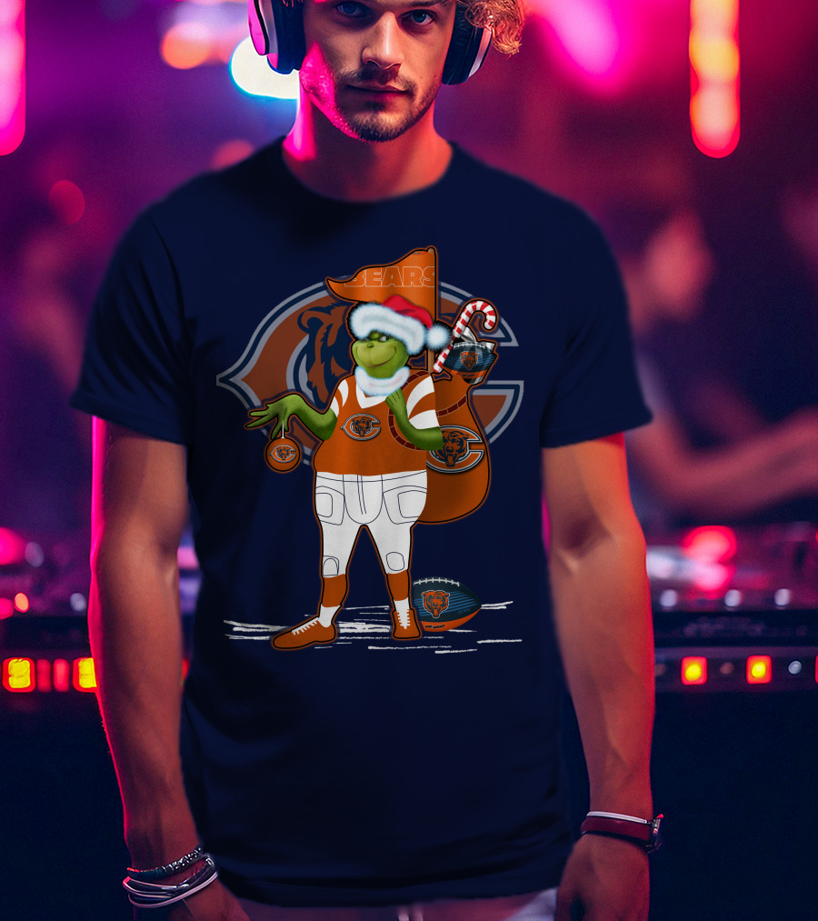 Grinchxmas Chicago Bears Holiday Football Fest With Bear In Santa Hat Holding Candy Cane And Ornament T-Shirt
