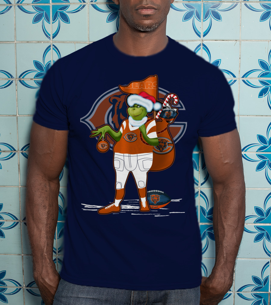 Grinchxmas Chicago Bears Holiday Football Fest With Bear In Santa Hat Holding Candy Cane And Ornament T-Shirt