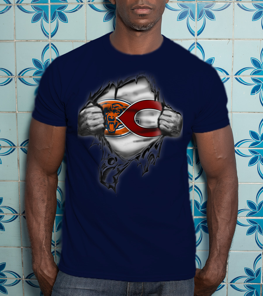 Chicago Bears Crossover With Logo And Bear Head T-Shirt