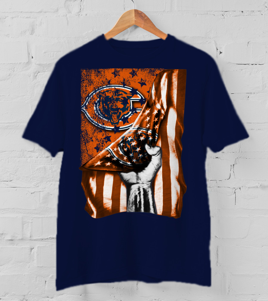 Hand Lifting American Flag Over CHICAGO BEARS T-Shirt