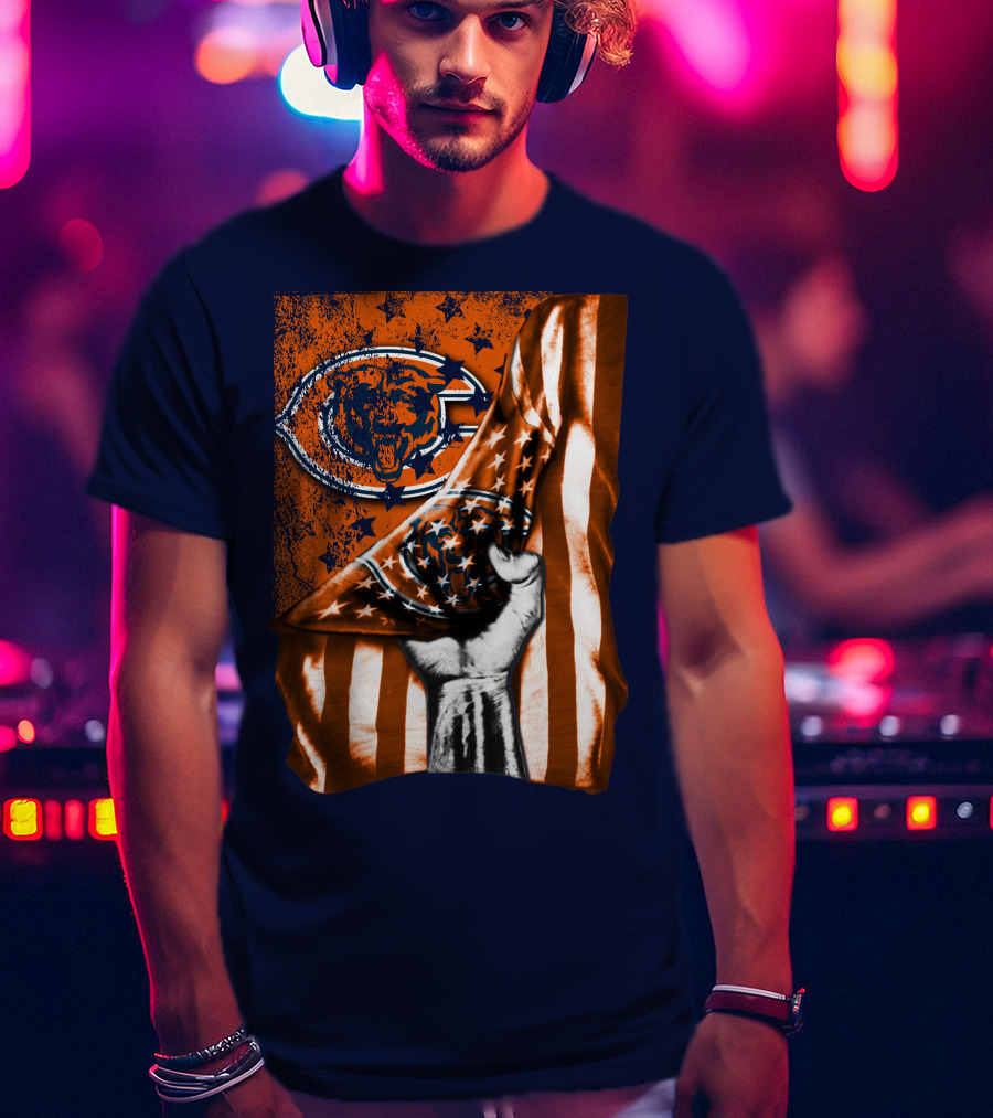 Hand Lifting American Flag Over CHICAGO BEARS T-Shirt