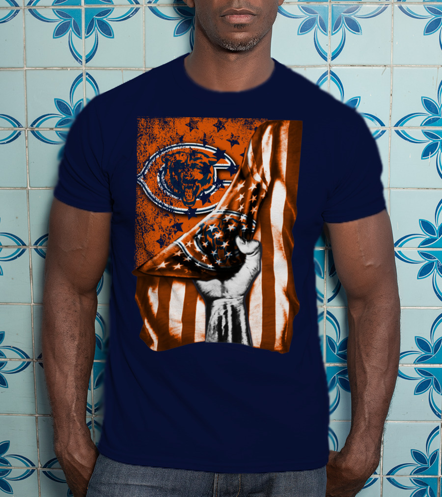 Hand Lifting American Flag Over CHICAGO BEARS T-Shirt