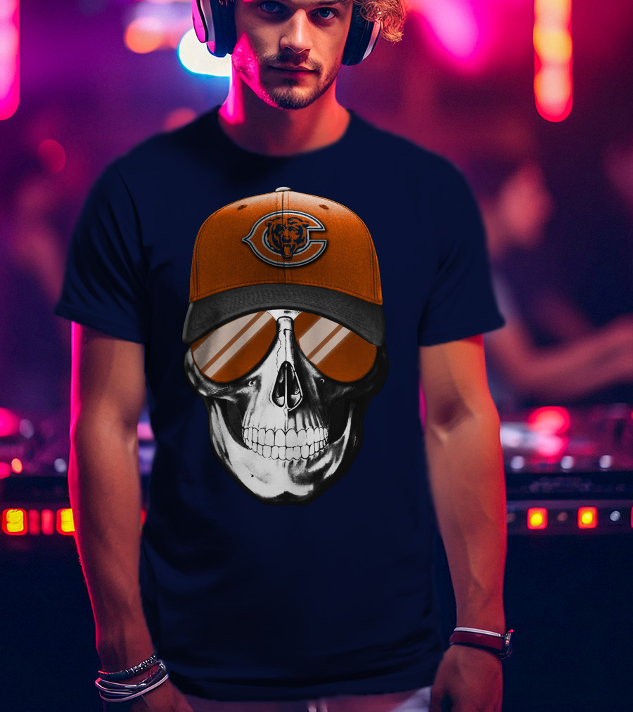 Skull V7 Chicago Bears Cap And Sunglasses T-Shirt