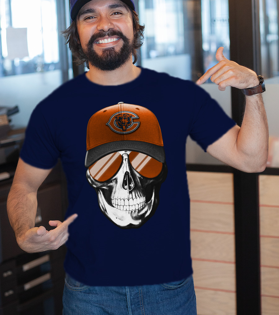Skull V7 Chicago Bears Cap And Sunglasses T-Shirt
