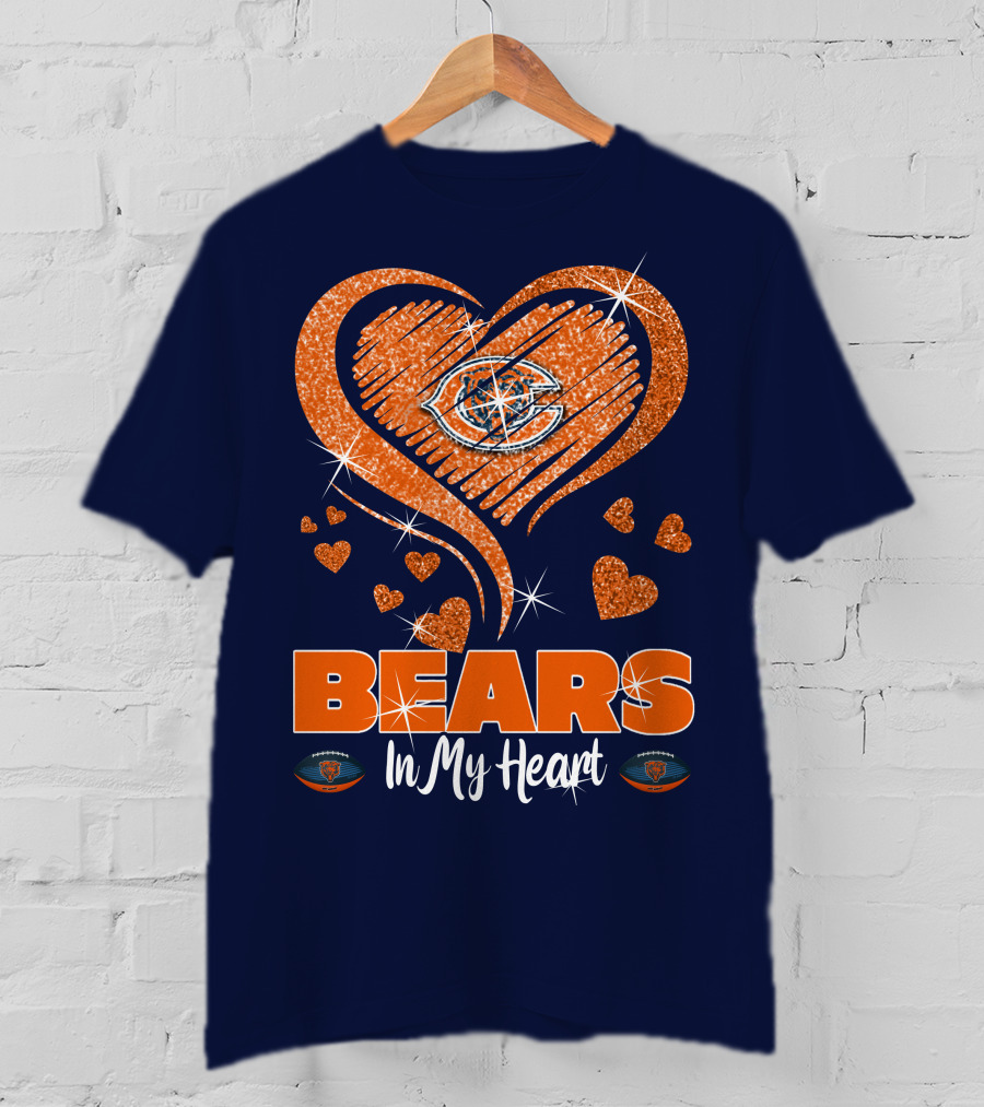 Bears In My Heart Chicago Bears Sparkling Hearts Navy Blue T-Shirt