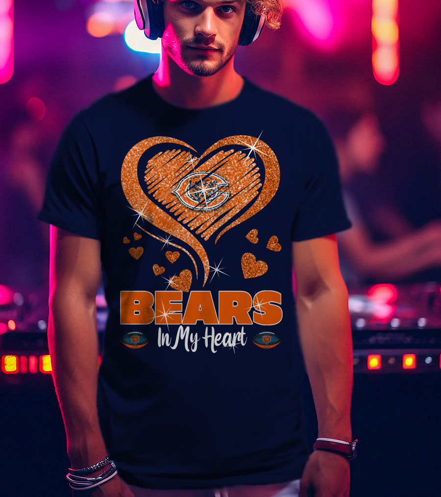 Bears In My Heart Chicago Bears Sparkling Hearts Navy Blue T-Shirt