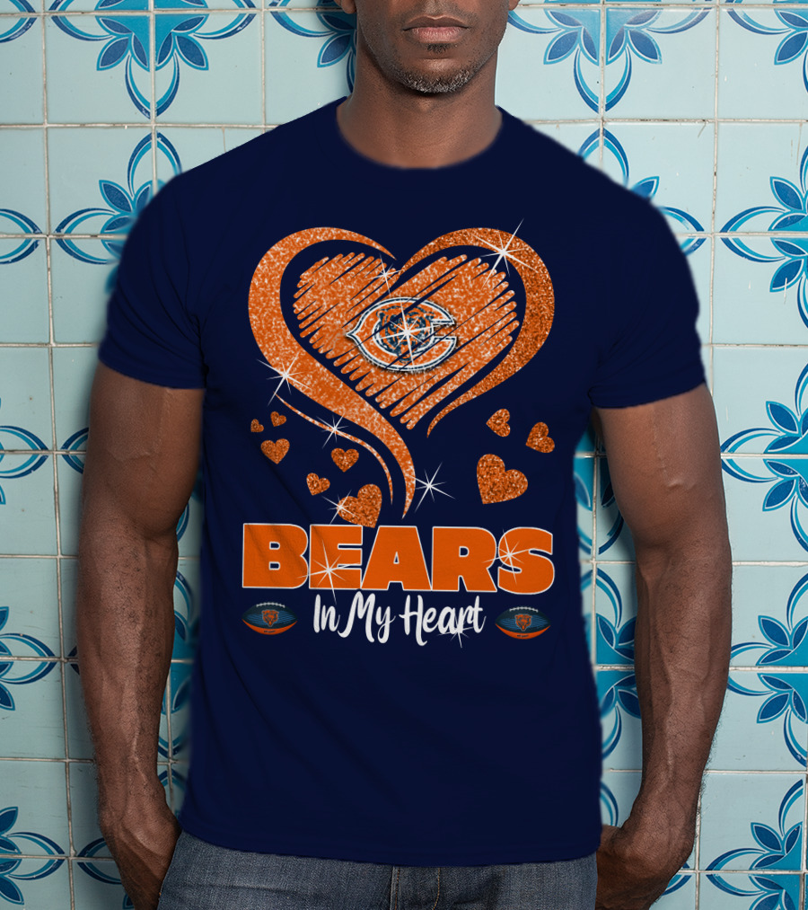 Bears In My Heart Chicago Bears Sparkling Hearts Navy Blue T-Shirt