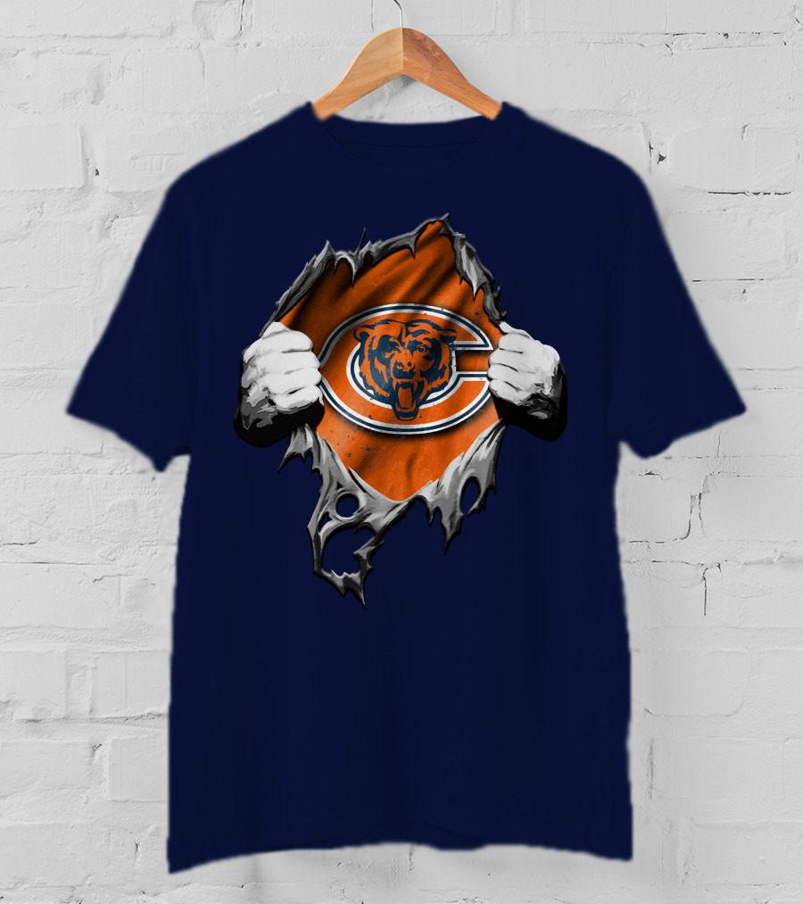 Torn Chicago Bears Emblem Revealed Through Ripped Fabric T-Shirt