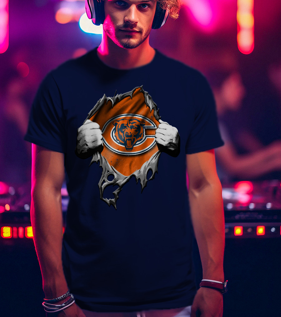 Torn Chicago Bears Emblem Revealed Through Ripped Fabric T-Shirt