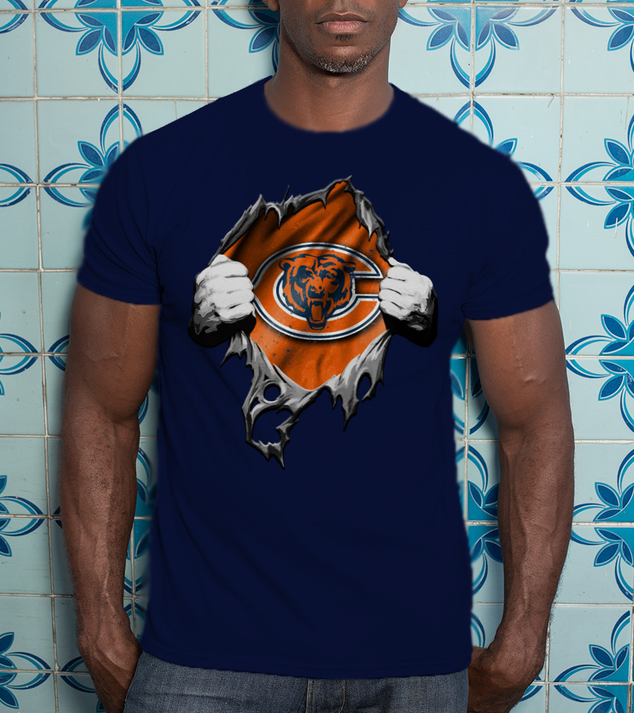Torn Chicago Bears Emblem Revealed Through Ripped Fabric T-Shirt