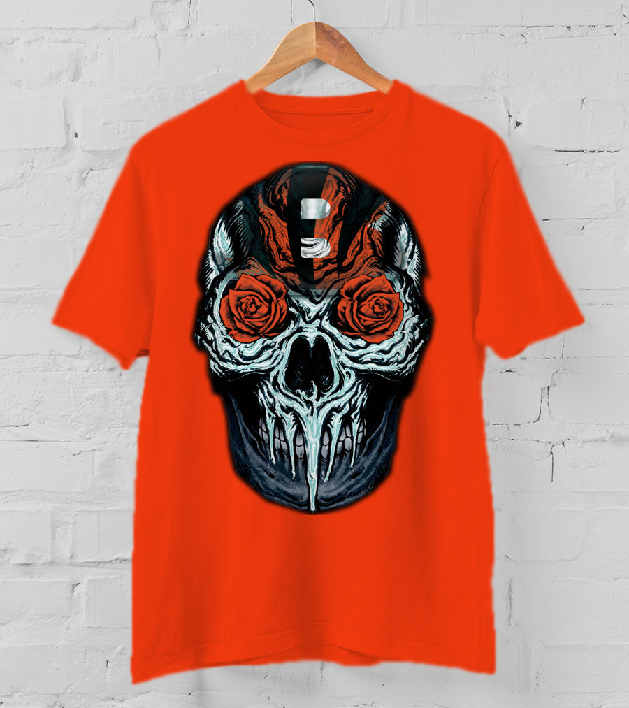 Cincinnati Bengals 34 Skull Helmet With Roses T-Shirt