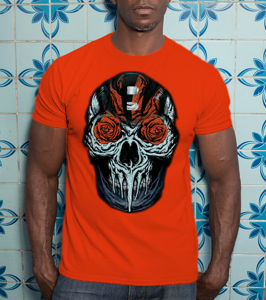 Cincinnati Bengals 34 Skull Helmet With Roses T-Shirt