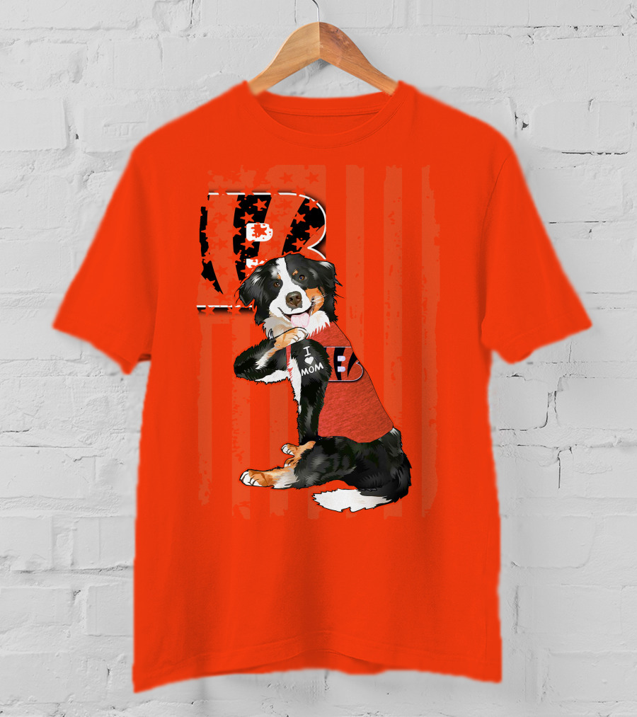 Border Collie I Love Mom Cincinnati Bengals B Retro American Flag T-Shirt