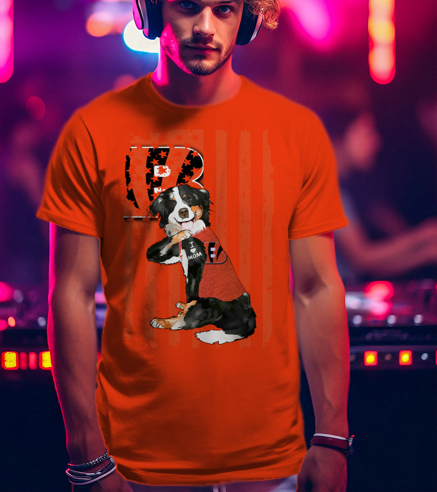 Border Collie I Love Mom Cincinnati Bengals B Retro American Flag T-Shirt