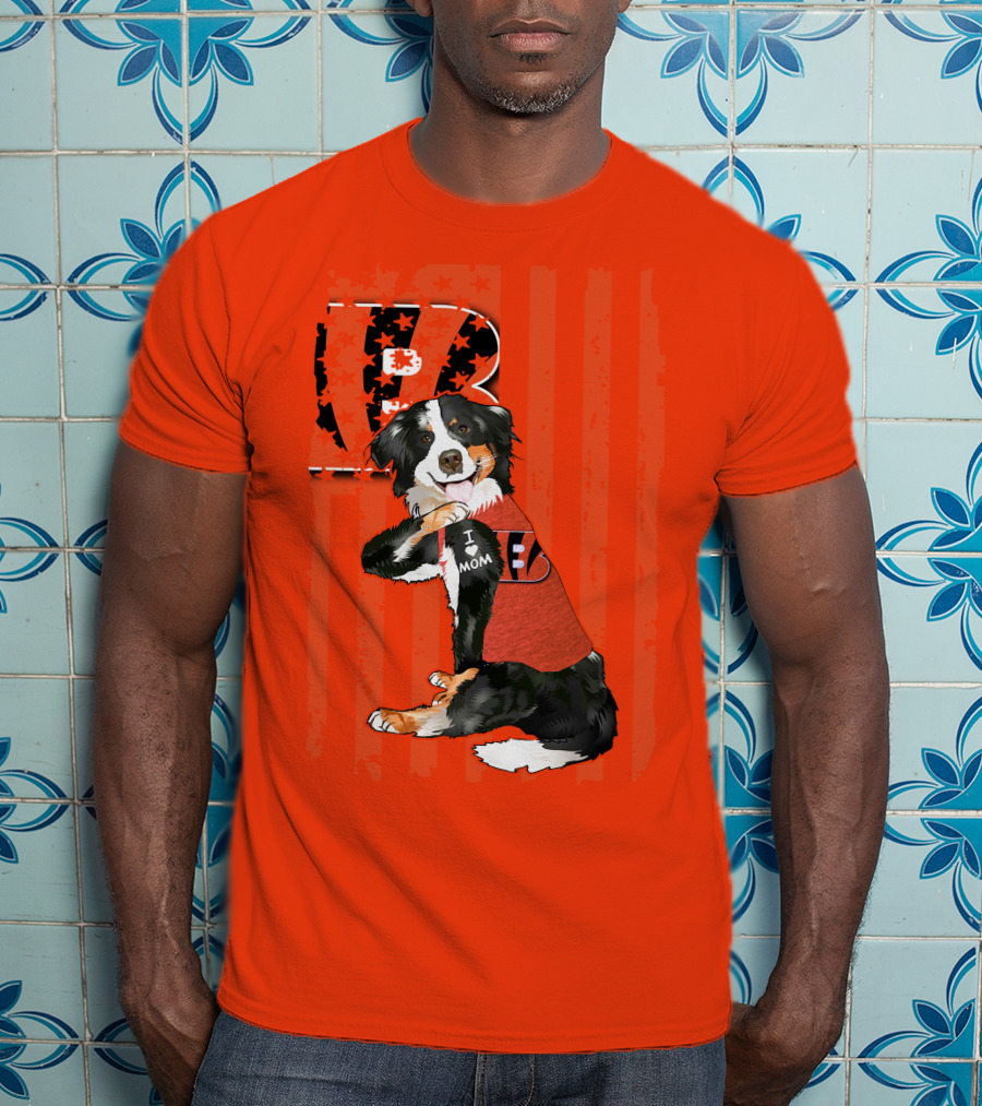 Border Collie I Love Mom Cincinnati Bengals B Retro American Flag T-Shirt