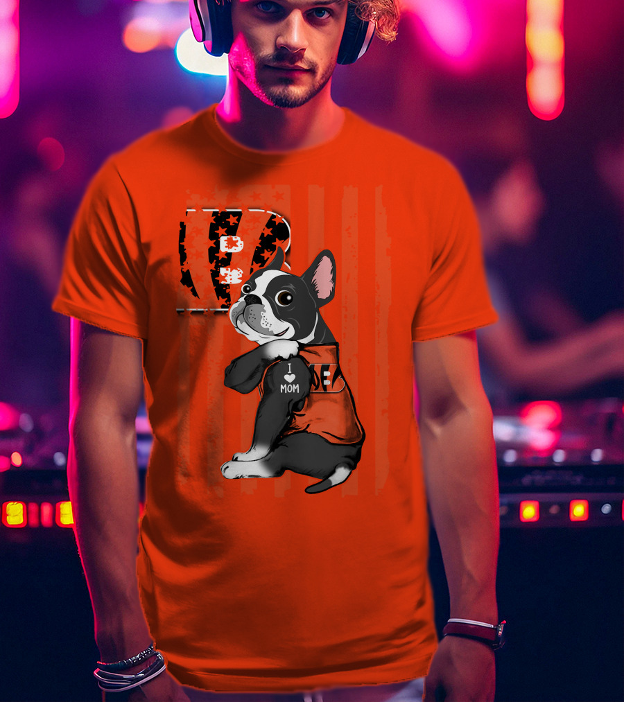 Boston Terrier Cincinnati Bengals B Stripes I Love Mom Football Fan Dog T-Shirt