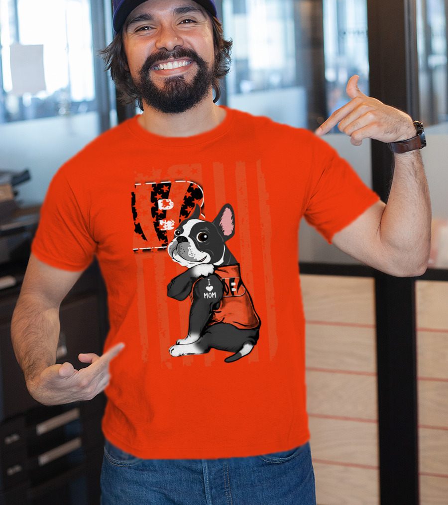 Boston Terrier Cincinnati Bengals B Stripes I Love Mom Football Fan Dog T-Shirt