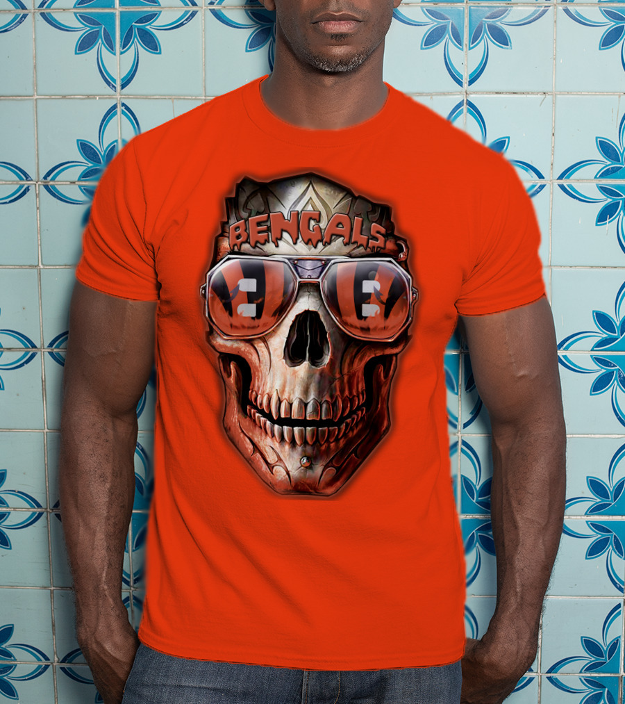Bengals Skull Sunglasses 38 Orange T-Shirt