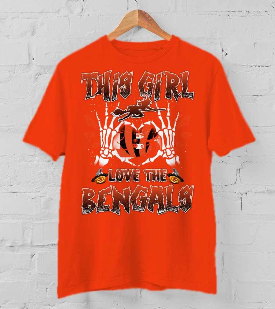 This Girl Love The Bengals Halloween Skeleton Hands And Pumpkins T-Shirt
