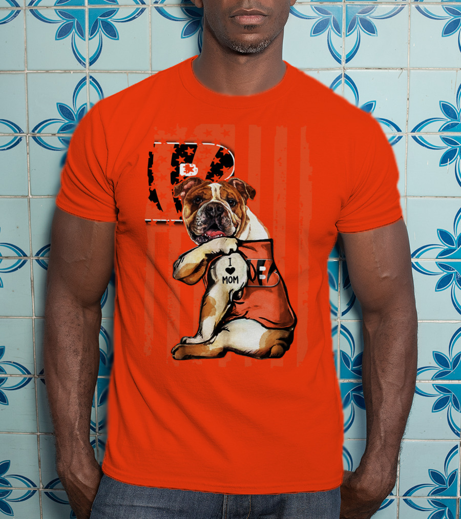 Bulldog Cincinnati Bengals I Love Mom Orange Stripes T-Shirt