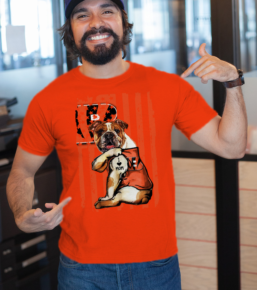 Bulldog Cincinnati Bengals I Love Mom Orange Stripes T-Shirt