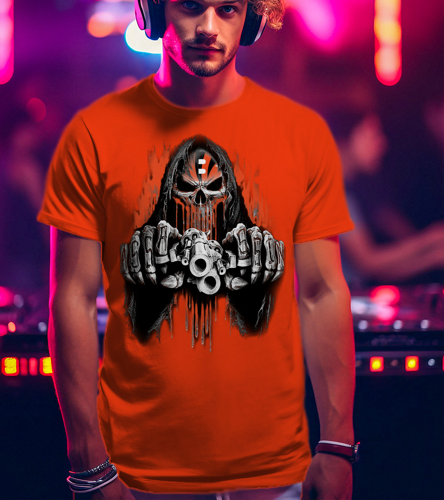 Cincinnati Bengals 41 Skeleton Skull With Guns T-Shirt