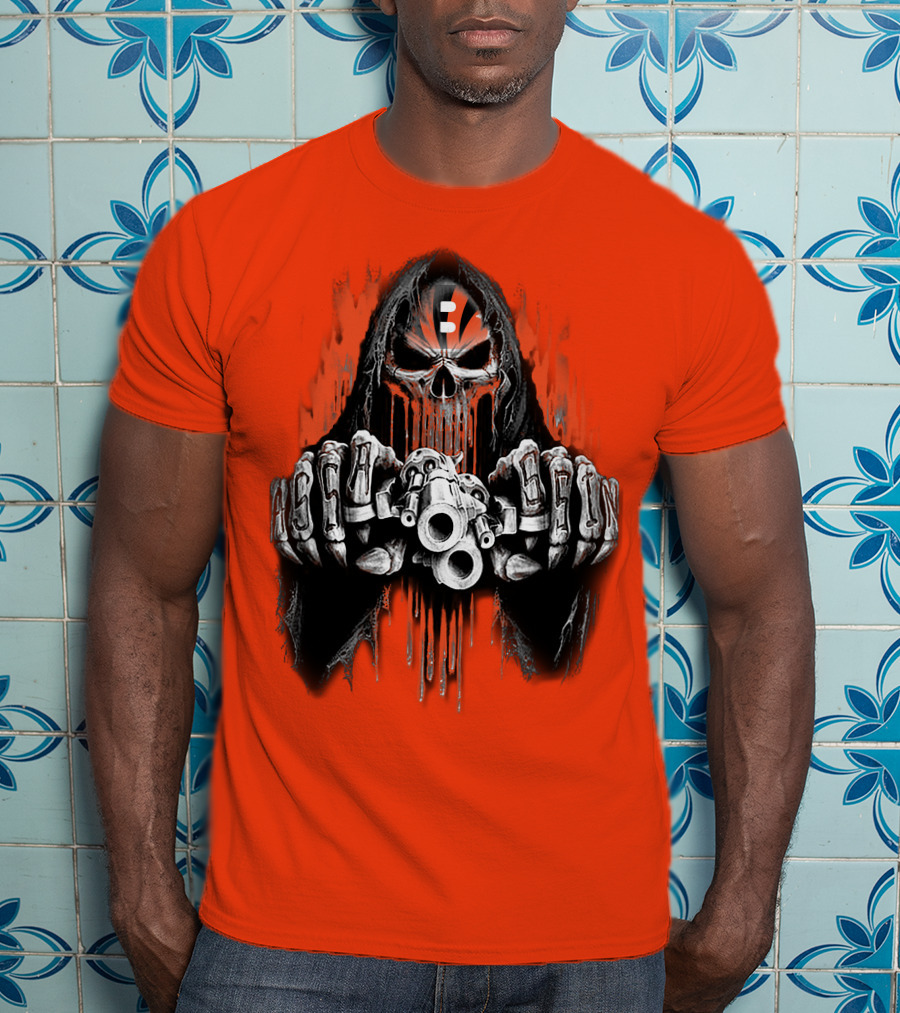 Cincinnati Bengals 41 Skeleton Skull With Guns T-Shirt