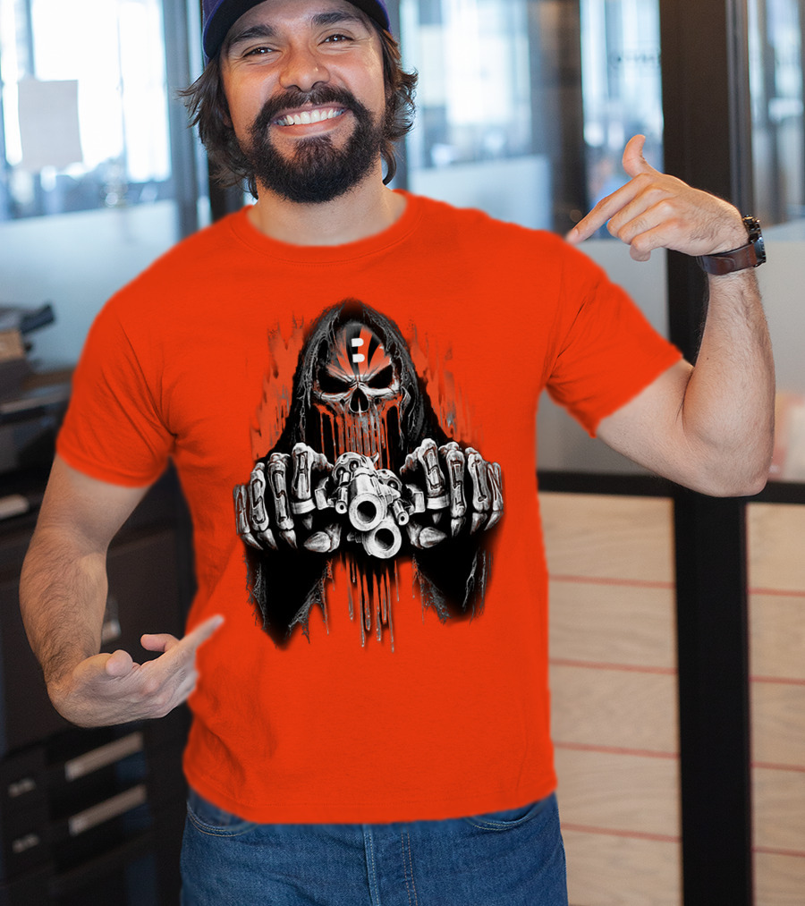 Cincinnati Bengals 41 Skeleton Skull With Guns T-Shirt