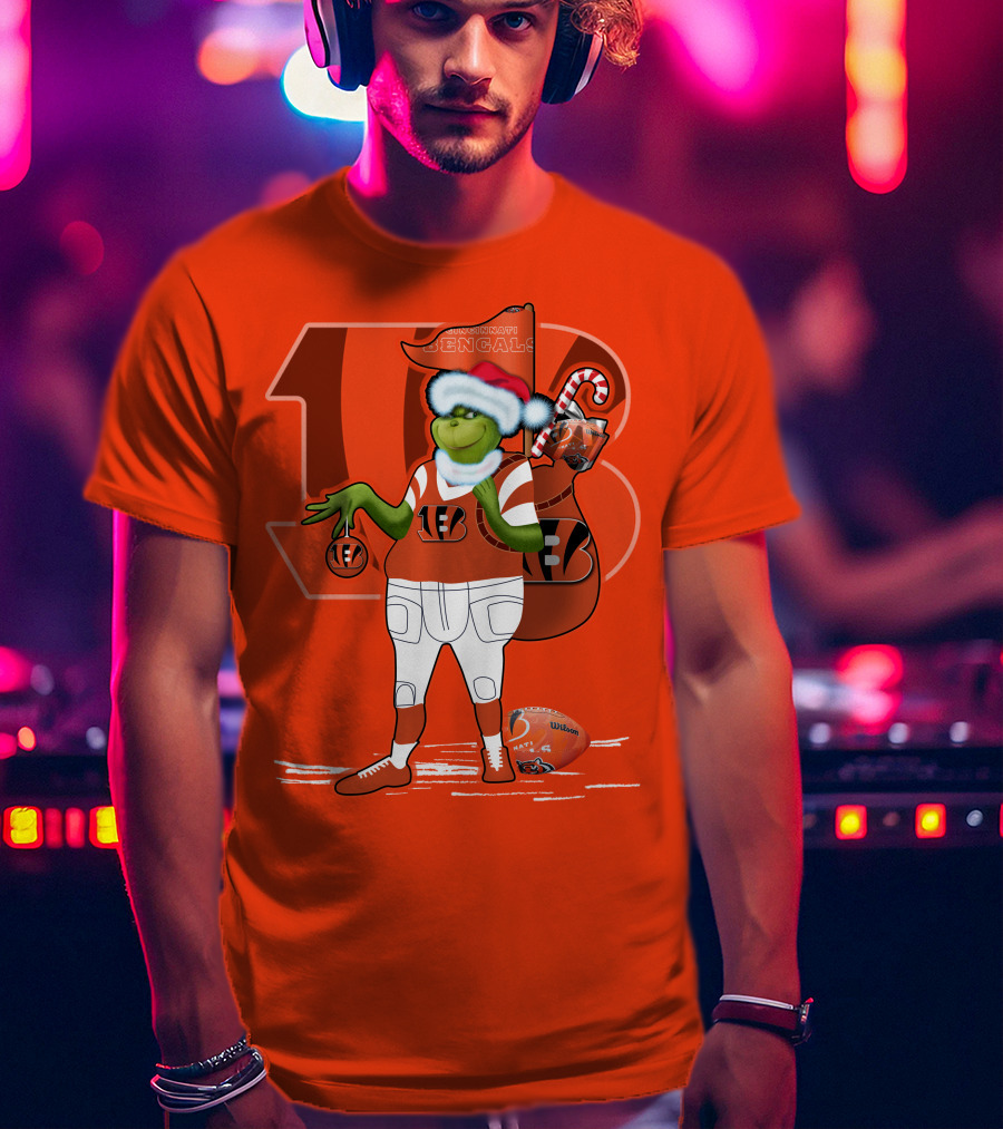 Cincinnati Bengals Grinch Christmas Football Santa Hat Orange T-Shirt