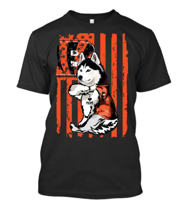 Siberian Husky In Cincinnati Bengals Jersey With I Heart Mom Tattoo On American Flag Background T-Shirt
