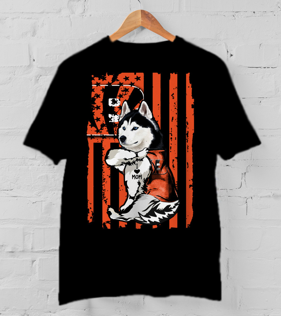 Siberian Husky In Cincinnati Bengals Jersey With I Heart Mom Tattoo On American Flag Background T-Shirt