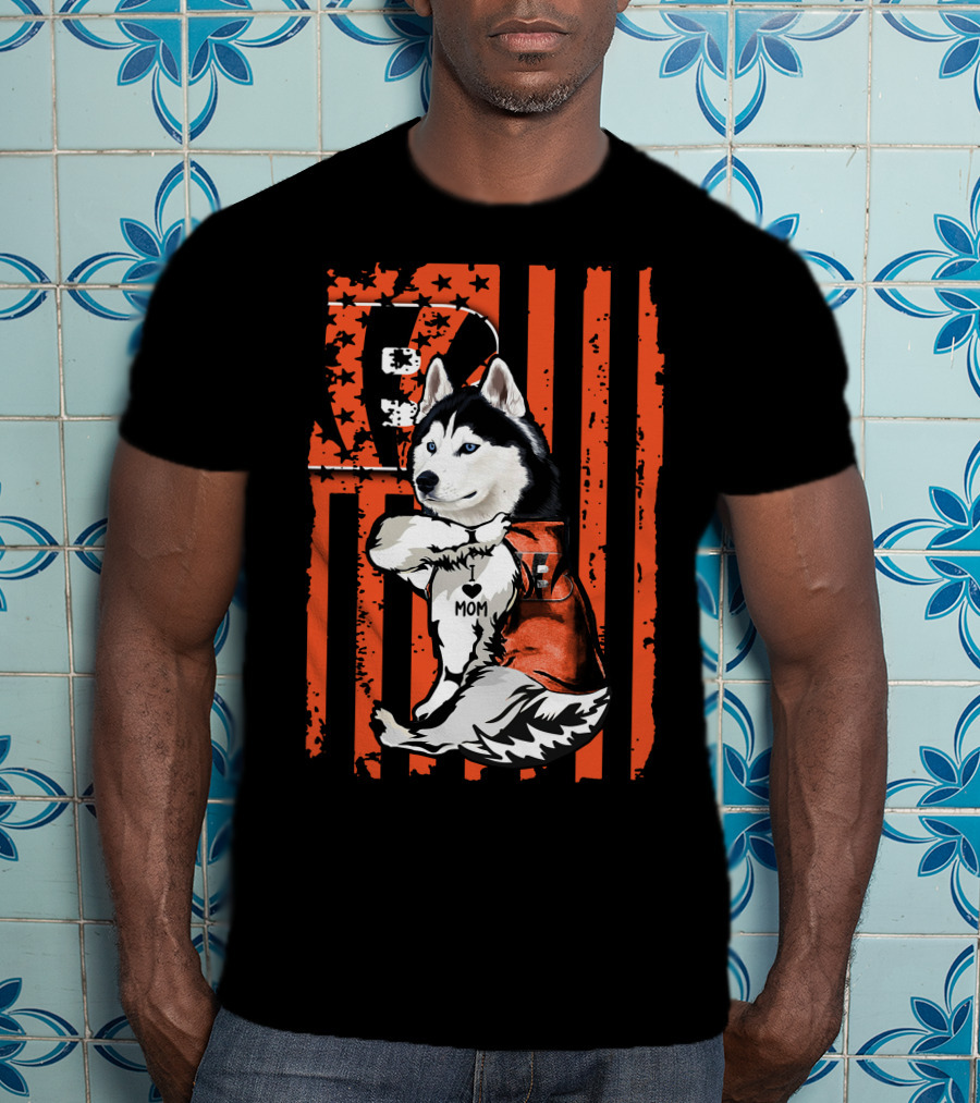 Siberian Husky In Cincinnati Bengals Jersey With I Heart Mom Tattoo On American Flag Background T-Shirt