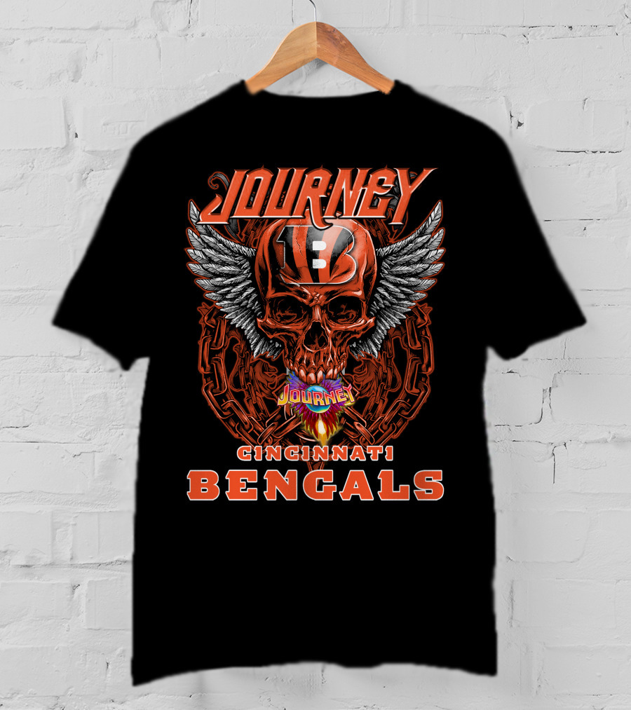 JOURNEY CINCINNATI BENGALS Skull Helmet Wings Chains Flame T-Shirt