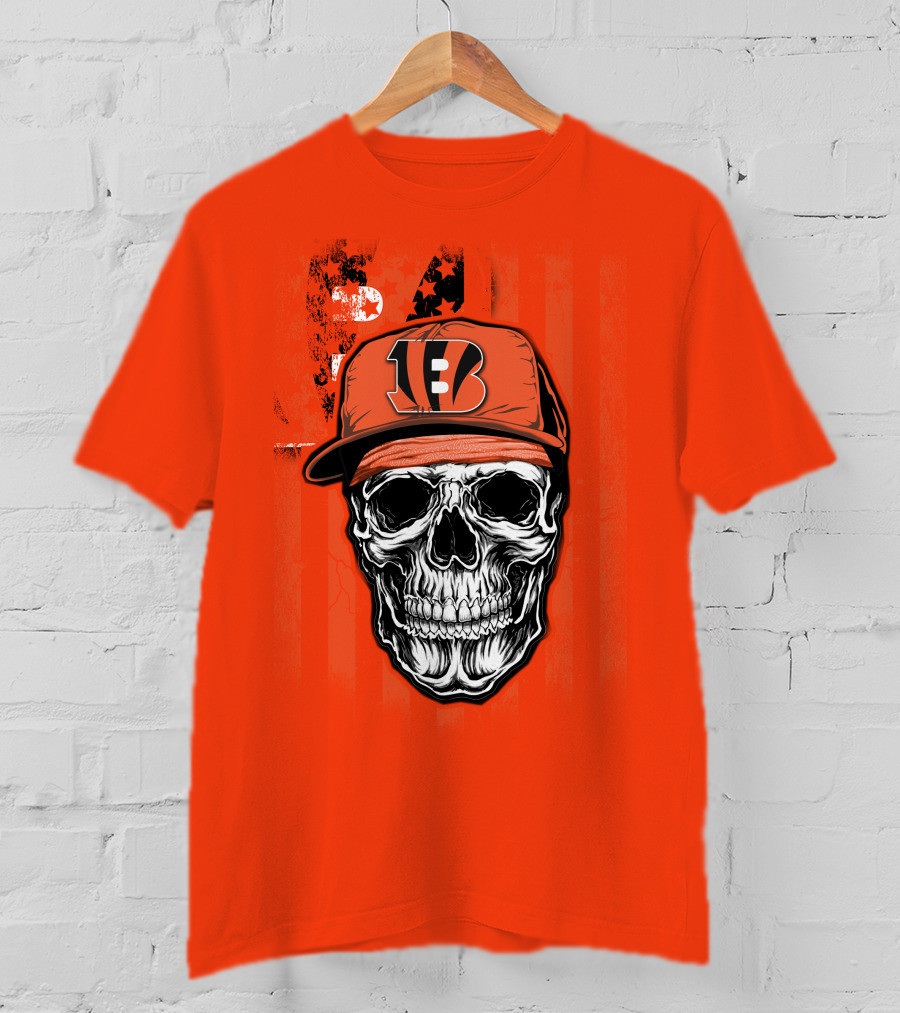 Skull V1 Cincinnati Bengals Hat American Flag Stripes T-Shirt