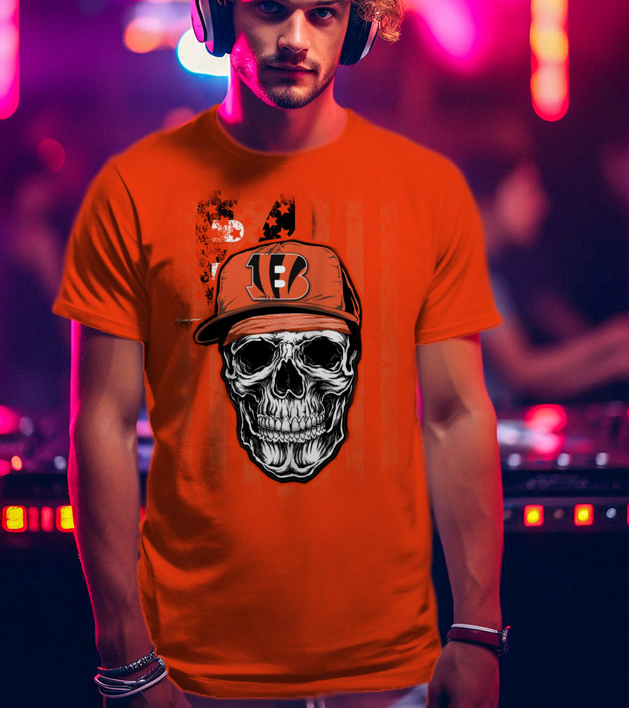 Skull V1 Cincinnati Bengals Hat American Flag Stripes T-Shirt