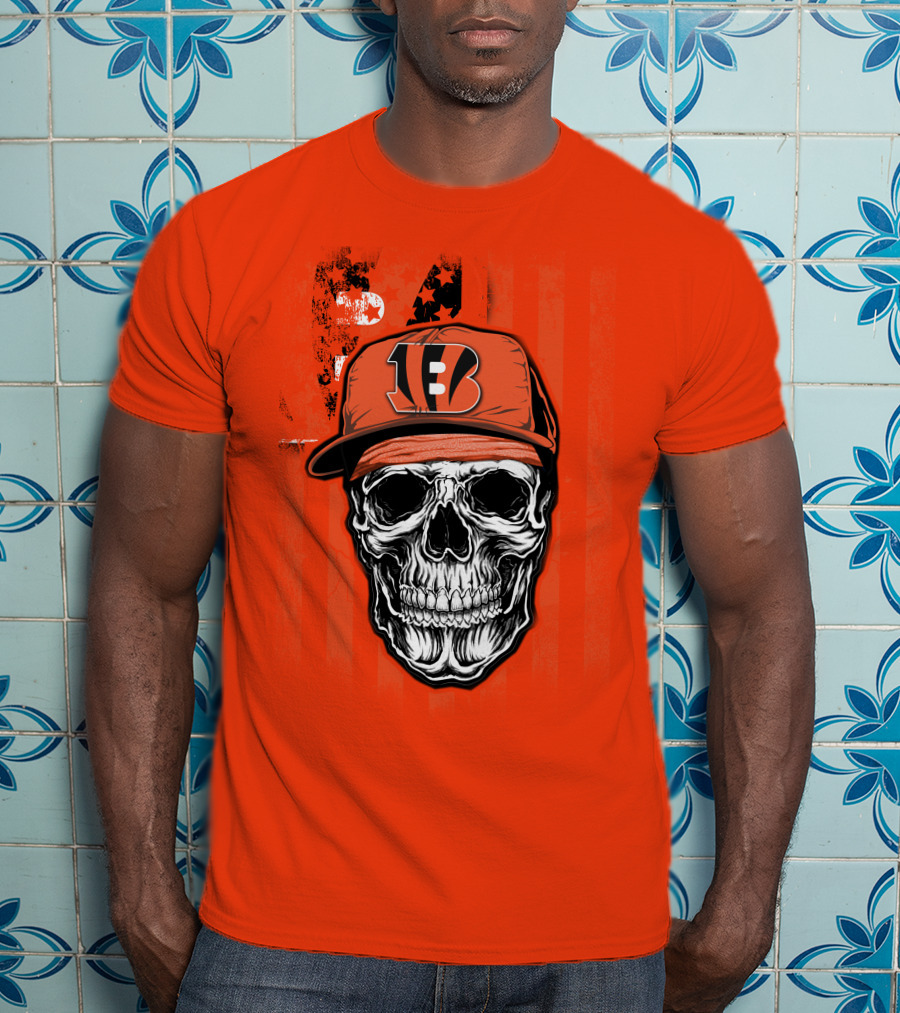 Skull V1 Cincinnati Bengals Hat American Flag Stripes T-Shirt