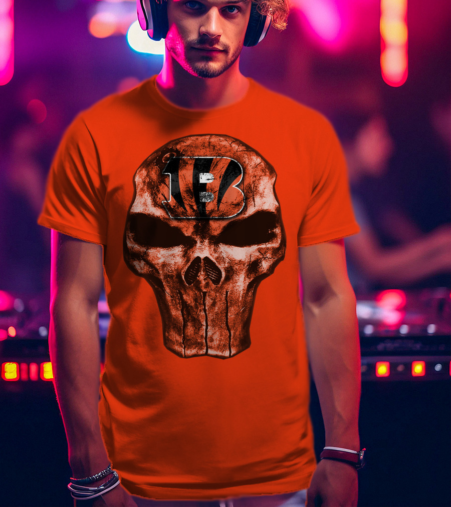 Skull Cincinnati Bengals Logo On Bold Orange T-Shirt