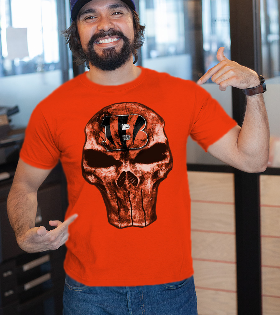 Skull Cincinnati Bengals Logo On Bold Orange T-Shirt