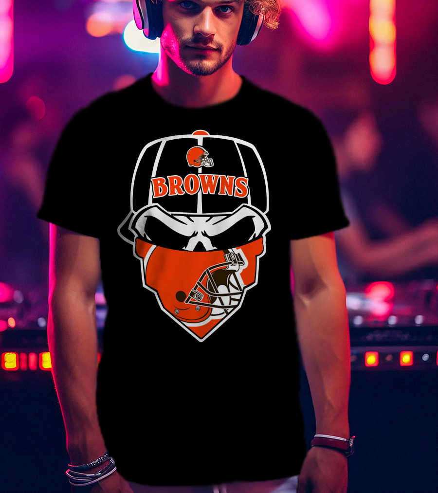 Browns Helmet Skull Mask With Football Theme T-Shirt