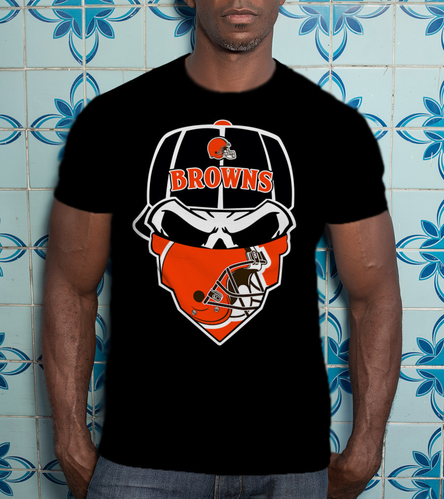 Browns Helmet Skull Mask With Football Theme T-Shirt