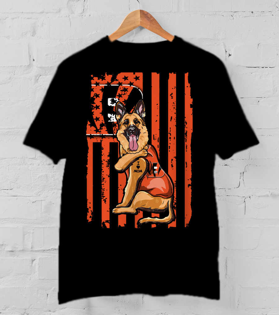 German Shepherd I Love Mom Cincinnati Bengals American Flag T-Shirt