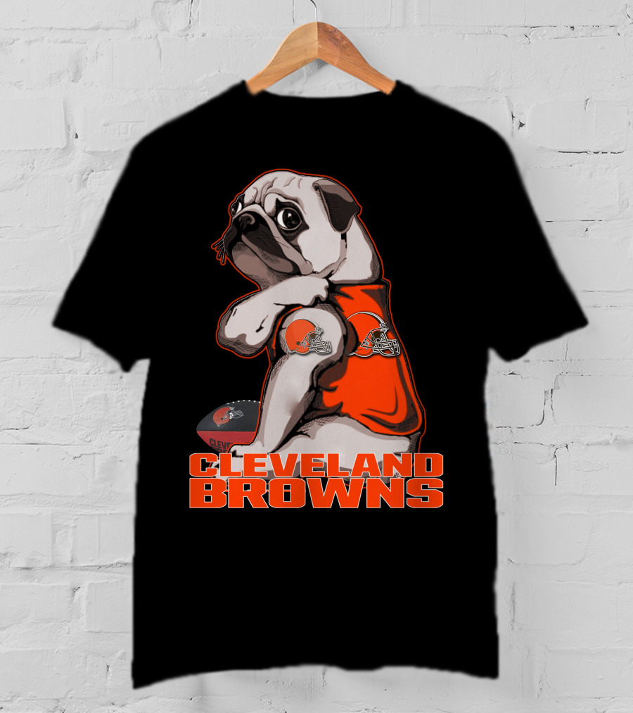 Cleveland Browns Pug In Orange Jersey With Football And Helmet T-Shirt