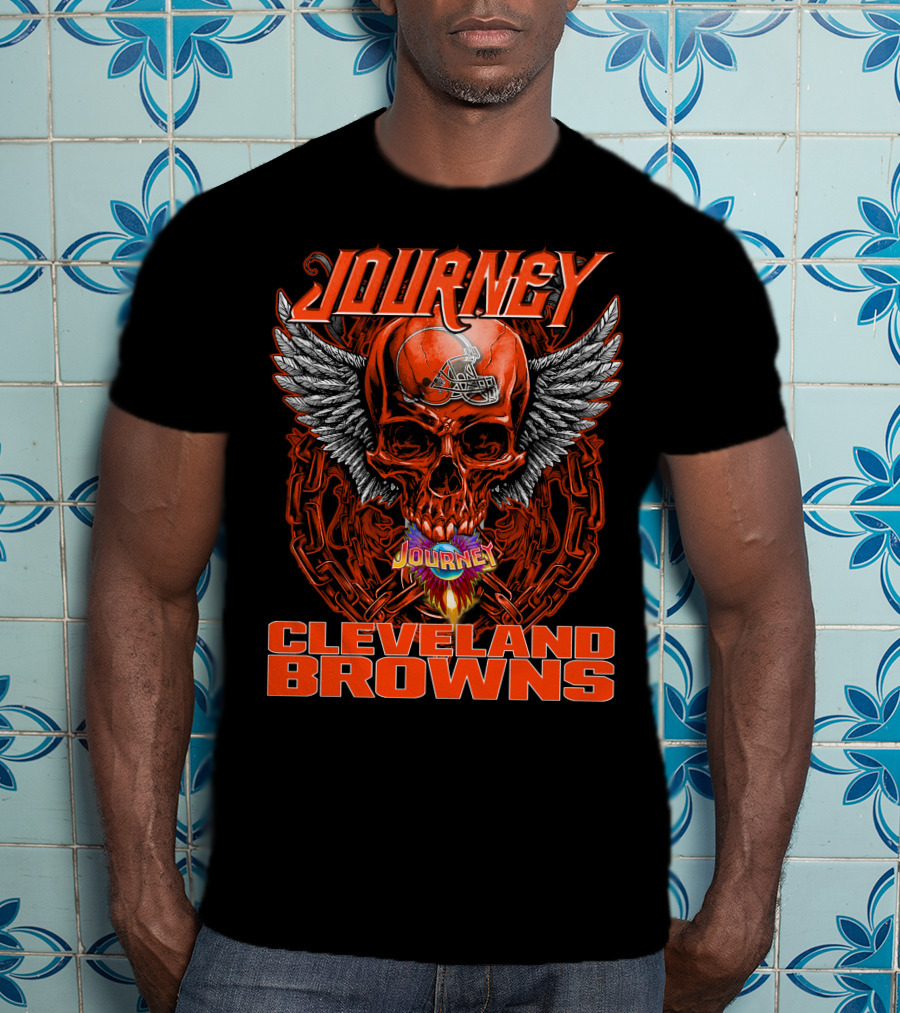 JOURNEY Winged Flaming Skull CLEVELAND BROWNS Football Helmet T-Shirt